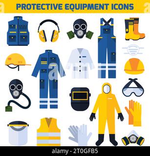 Protective uniform respiratory equipment flat icons collection for medical professionals and construction workers abstract isolated vector illustratio Stock Vector