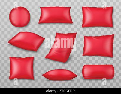 Pillows realistic set with isolated images of inflatable rubber pillows colored in red on transparent background vector illustration Stock Vector