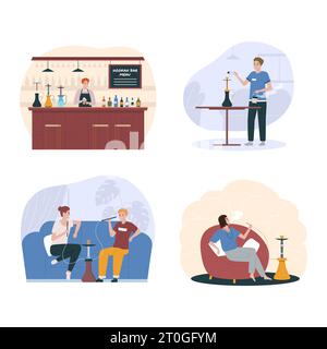 Isolated hookah bar flat icon set the bartender stands behind the bar, the hookah keeper changes coals and people smoke vector illustration Stock Vector