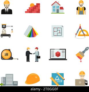 Architect icons flat set with house building equipment isolated vector illustration Stock Vector