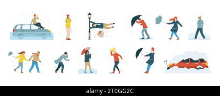 Isolated bad weather people flat icon set with strong wind snow and rain outside vector illustration Stock Vector