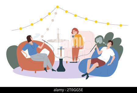 Hookah bar flat composition the group of three friends smoking hookah in a bar vector illustration Stock Vector