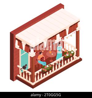 Isometric house facade composition with isolated view of classic balcony with man and woman watering flowers vector illustration Stock Vector