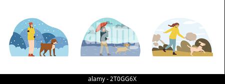 Three bad weather people flat composition set the owner of the dog walks with him in all weathers vector illustration Stock Vector