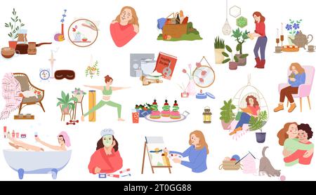Self care icons set with hobby symbols flat isolated vector illustration Stock Vector
