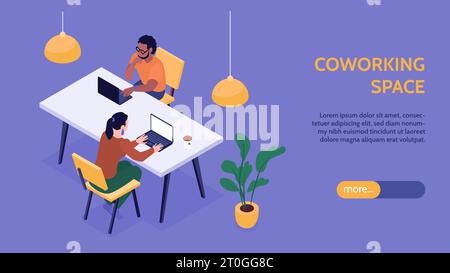 Isometric freelancer horizontal banner with slider more button editable text and human characters working with laptops vector illustration Stock Vector