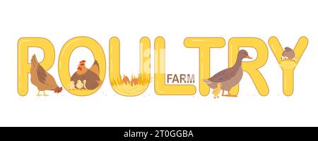 Poultry farm text banner in flat style with eggs hens and ducks on white background vector illustration Stock Vector