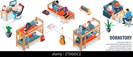 Student dormitory isometric infographics with male and female characters living and studying together 3d vector illustration Stock Vector