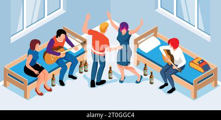 Students party in university or college dorm room isometric composition with friends playing guitar and dancing vector illustration Stock Vector