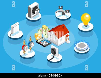 Household public utilities design concept illustrated consumption accounting of energetic and water resources  isometric vector illustration Stock Vector
