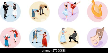 Theater isometric round compositions with ballet dancers and dramatic actors playing and bowing isolated vector illustration Stock Vector
