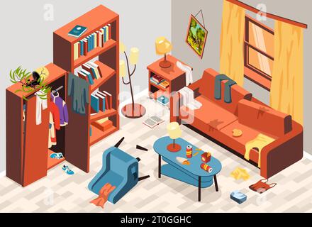 Messy room interior with scattered clothing on sofa leftovers on coffee table and overturned furniture isometric vector illustration Stock Vector