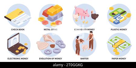 Set of eight isolated round compositions with isometric money evolution icons metal coins barter and commodities vector illustration Stock Vector