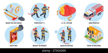 Isometric firefighter set of isolated round compositions with editable text and characters of firemen at work vector illustration Stock Vector