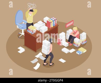 Isometric office chaos composition with human characters of coworkers in paperwork mess tired of urgent tasks vector illustration Stock Vector
