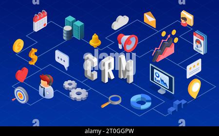 CRM isometric flowchart with customer relationship management symbols vector illustration Stock Vector