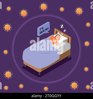 Immune system boost isometric concept with woman getting enough sleep to be healthy and protected from viruses 3d vector illustration Stock Vector