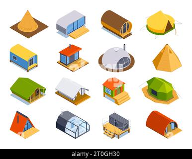 Isometric glamping set of isolated eco houses tents and modern style outdoor buildings on blank background vector illustration Stock Vector