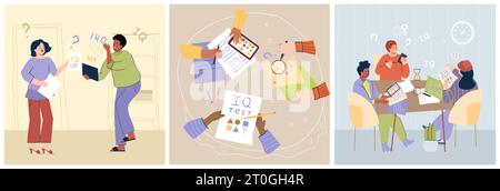 Iq test set of three compositions with doodle human characters question marks and papers with puzzles vector illustration Stock Vector
