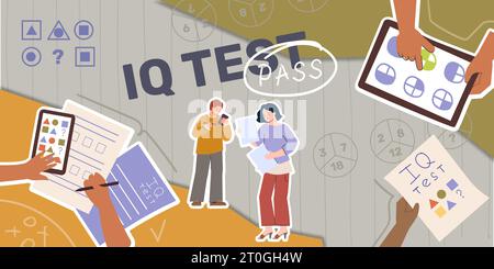 Iq test composition with collage of flat icons with people solving tasks with hands and papers vector illustration Stock Vector
