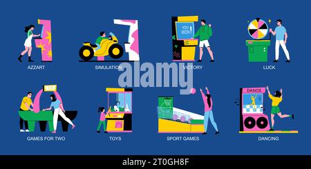 Game machines flat icons set with happy winning people isolated vector illustration Stock Vector