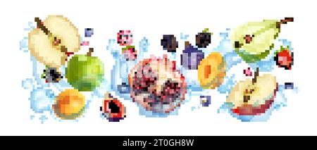 Realistic fresh ripe fruits floating in water splashes vector illustration Stock Vector