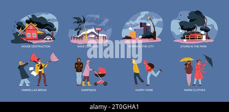 Rain storm flat composition set with people in waterproof clothers and natural disaster scenes isolated vector illustration Stock Vector