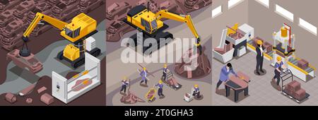 Scrap metal set with garbage and conveyor symbols isometric isolated vector illustration Stock Vector