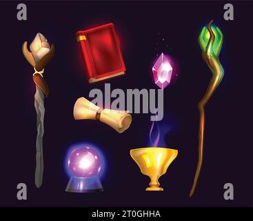 Magic staff realistic colorful set of ancient manuscripts magic book magic ball magic wands isolated at black background vector illustration Stock Vector