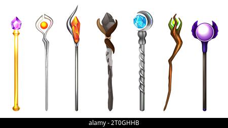 Collection of magic wands decorated with precious stones realistic set isolated at white background vector illustration Stock Vector