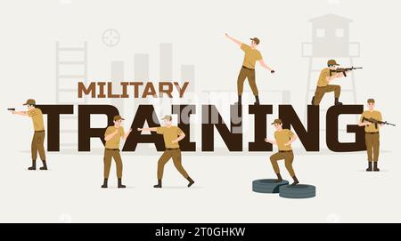 Military training flat text composition with fighting shooting fleeing soldiers in special training vector illustration Stock Vector