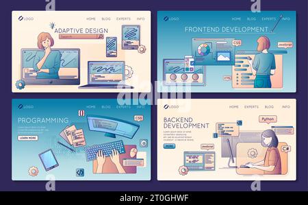 Software development flat line set of web site landing pages with clickable links text and images vector illustration Stock Vector