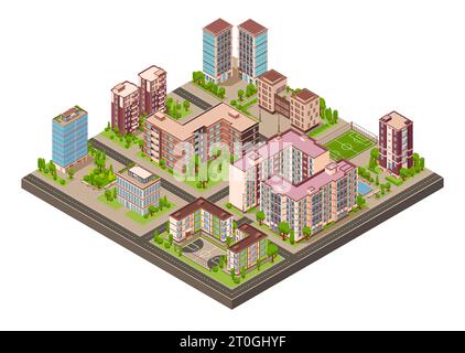 City buildings isometric composition with isolated view of district block with streets and modern residential houses vector illustration Stock Vector