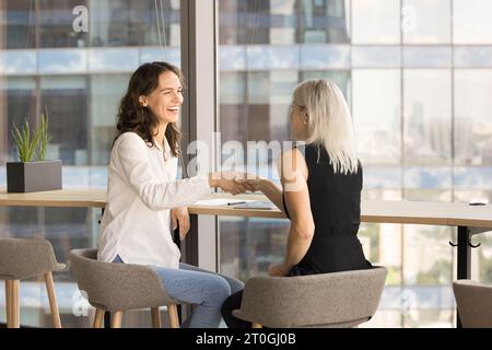 Two happy different aged business colleagues women shaking hands Stock Photo