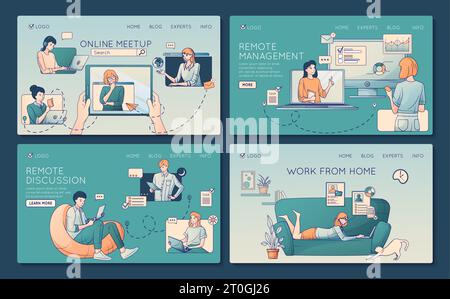 Remote management distant work flat line set of web site landing pages with links and text vector illustration Stock Vector