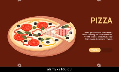 Isometric pizza horizontal banner with image of cut pizza on round wooden tray text and button vector illustration Stock Vector