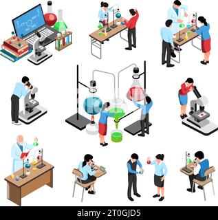 Students working in school science lab on chemical experiments isometric set isolated on white background vector illustration Stock Vector