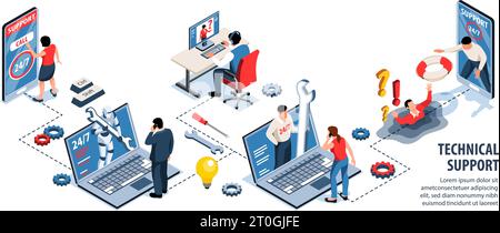 Technical support infographics with  hotline operators talking with clients by phone or in chat isometric vector illustration Stock Vector