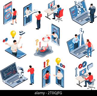 Technical support isometric set of specialists and hotline consultants  providing customer assistance isolated on white background vector illustration Stock Vector