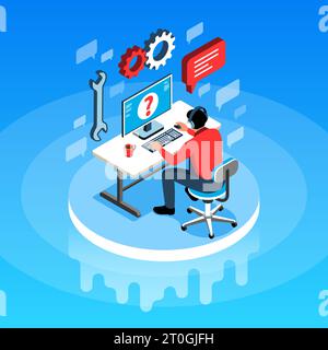 Online technical support isometric background with male hotline operator in headset answering customer questions on internet vector illustration Stock Vector