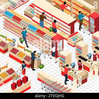 Supermarket trading hall isometric fragment with shelves filled by different fresh products visitors and cashiers vector illustration Stock Vector