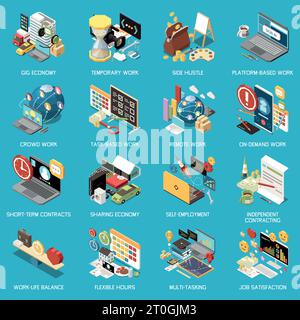 Gig economy isometric set with isolated compositions of work images with computers gears time management icons vector illustration Stock Vector