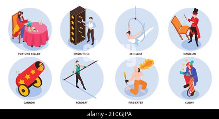 Isometric circus set of isolated round compositions with artists performers characters with cannon and text captions vector illustration Stock Vector