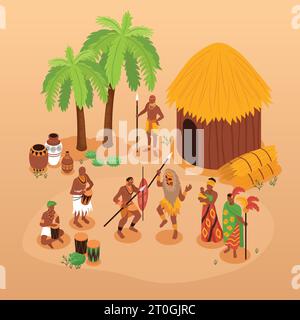 Isometric african people composition with isolated characters of natives with palms ancient arms and strawbale house vector illustration Stock Vector