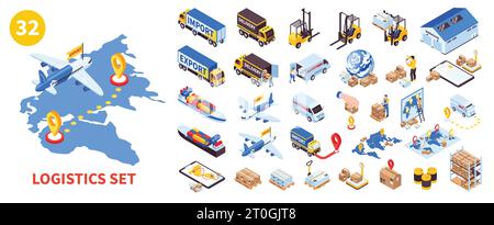 Isometric cargo logistics set with isolated icons of vehicles parcels location pins destination signs and routes vector illustration Stock Vector