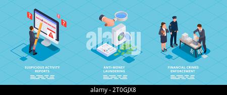 Financial regulation isometric concept set wtih suspicious activity audit symbols vector illustration Stock Vector
