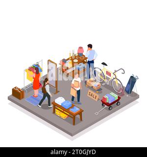 Garage sale isometric concept with people buying vintage goods vector illustration Stock Vector