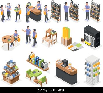 Book store interior elements customers and shop assistants isometric icons set isolated 3d vector illustration Stock Vector