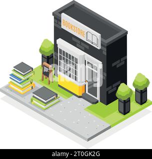 Book store isometric composition with bookshop building and stacks of books 3d vector illustration Stock Vector