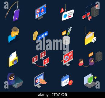 Cyber security isometric icons set with hacker attack symbols isolated vector illustration Stock Vector